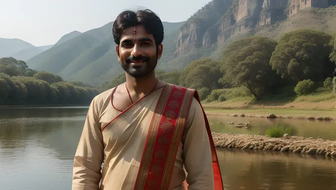Kamdev God Standing near River with Serene Smile