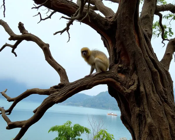 Kammal on Ancient Tree Branch with Misty Mountains and Lake