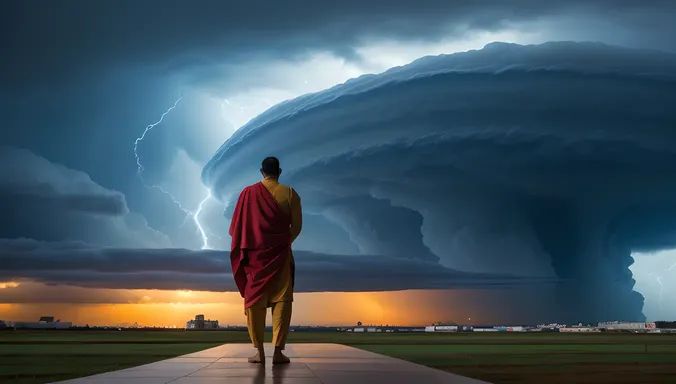 Kanakadasa Standing in Front of Majestic Temple with Storm
