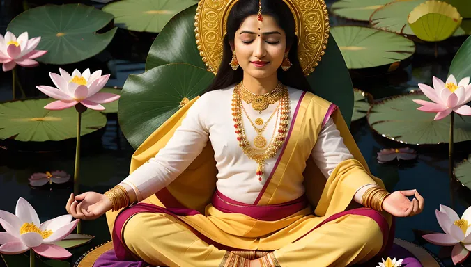 Kanakadasa in Meditation with Lotus Flowers and Subtle Glow