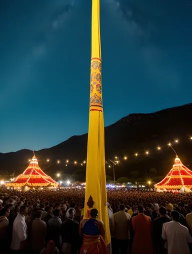 Karaga Festival at Night with Lit Pole and Dancing Under Stars