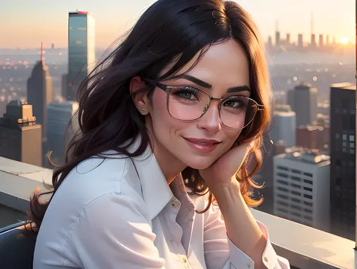 Karen Webb's Determined Look in City Skyline Sunset Portrait