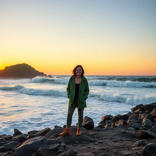 Karen Webb's Serene Moment on Rocky Beach at Sunset