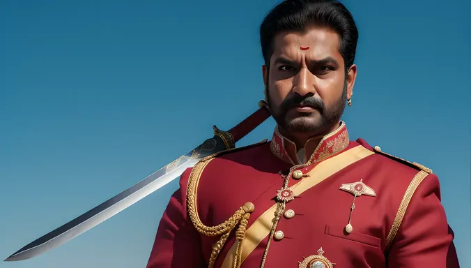 Kattabomman's portrait in royal attire with sword.