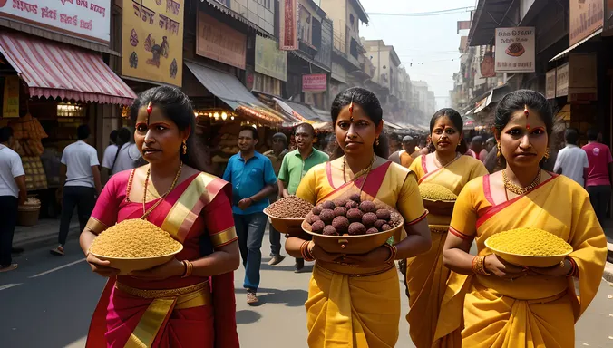 Kavadi Bearers Carry Burden Through Bustling Market Street