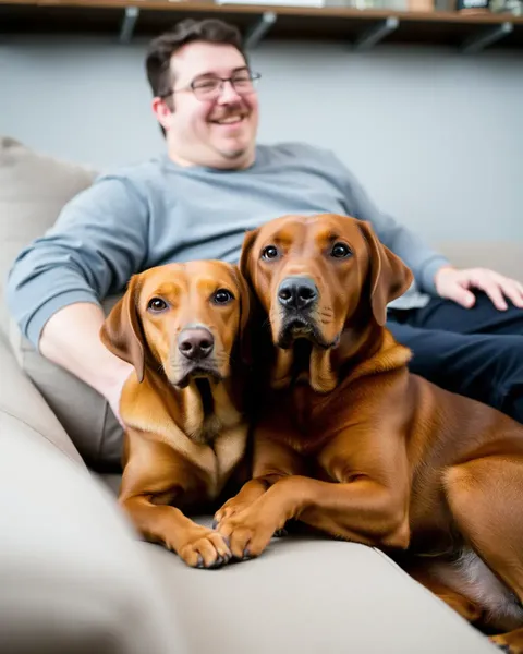 Labrador Retriever Sits with Owner on Couch Loyally
