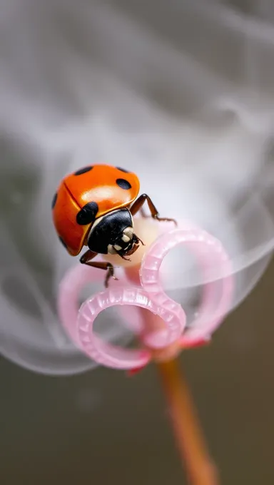 Ladybug on Filigree Structure with Shimmering Mist Background