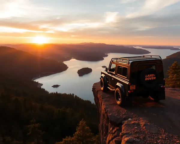 Land Rover Defender on Cliff Overlooking Serene Lake Sunset