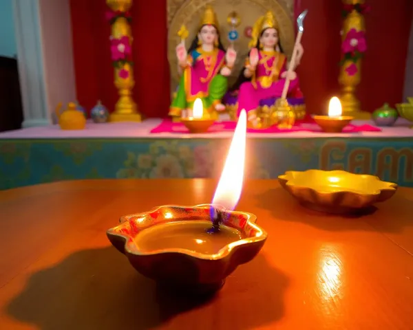 Laxmi Pujan Setup with Pink Flame and Wooden Table