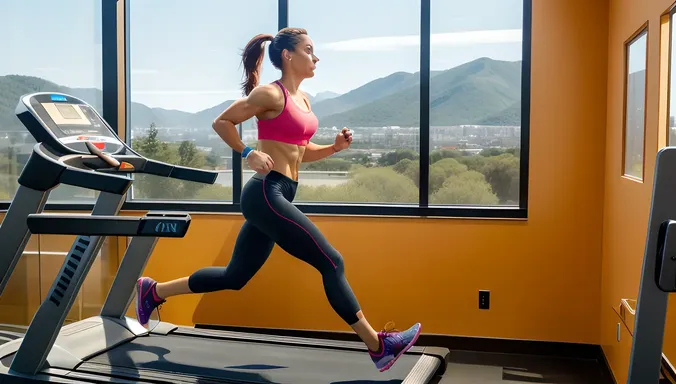 Lean Physique Girl Running on Treadmill with Scenic View