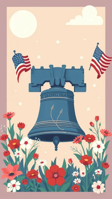 Liberty Bell with Patriotic Symbols and Flowers