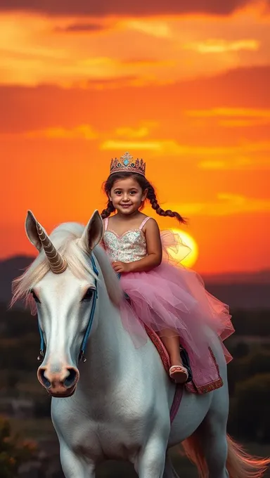 Little Girl Rides Unicorn in Vibrant Sunset Landscape