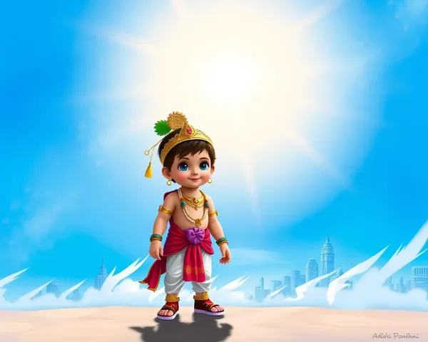 Little Krishna in Front of Bright Blue Sky Cityscape