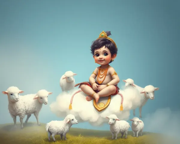 Little Krishna on Cloud with Fluffy Sheep in Dreamy Studio
