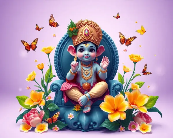 Little Krishna on Throne with Flowers and Butterflies
