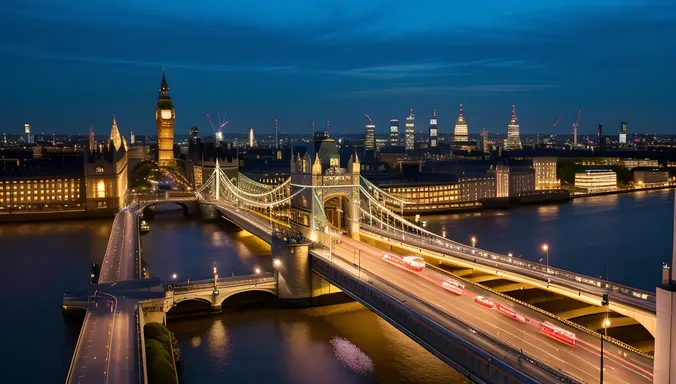 London Bridge Nighttime with Double-Decker Buses