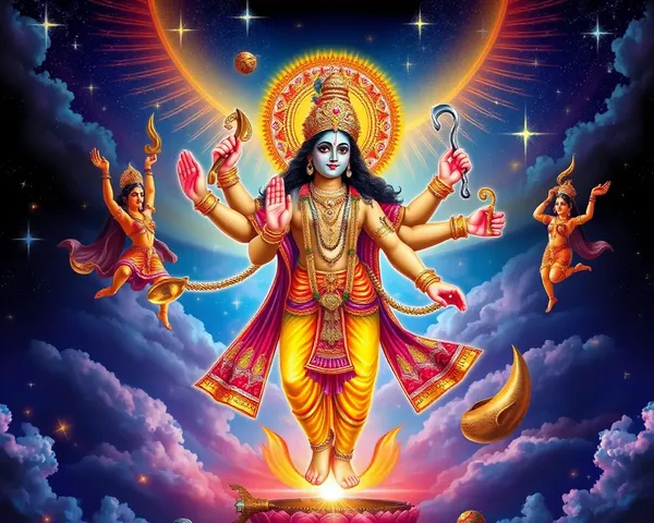 Lord Krishna's Divine Form with Multiple Arms and Radiant Aura