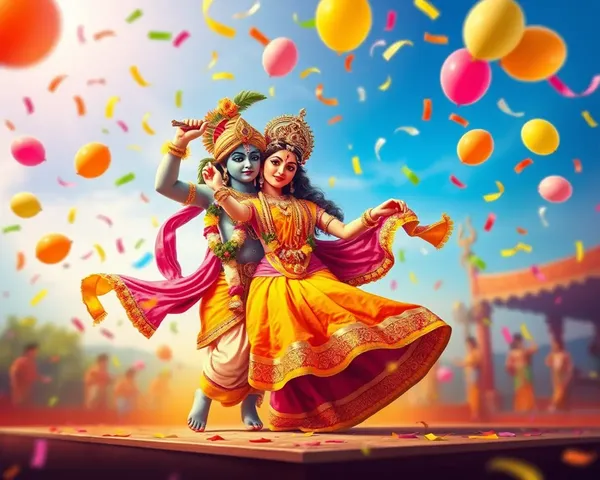 Lord Krishna Dancing with Radha in Colorful Scene