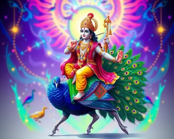 Lord Krishna Riding Peacock with Vibrant Background