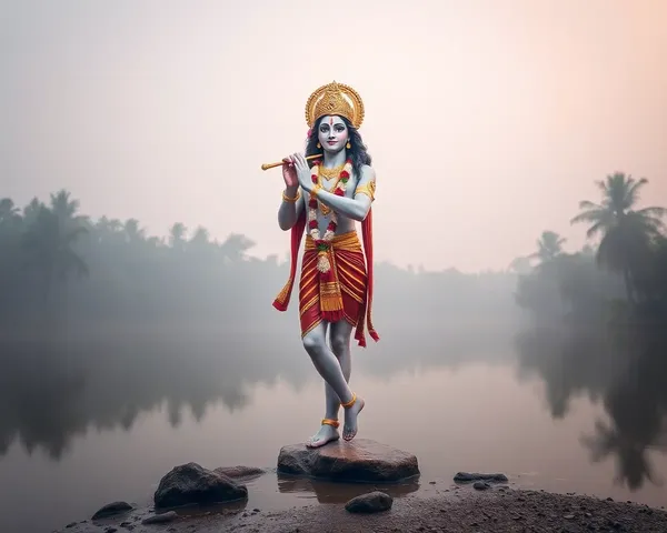 Lord Krishna by River with Peaceful Atmosphere