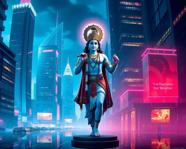 Lord Krishna in Cityscape with Modern and Futuristic Background