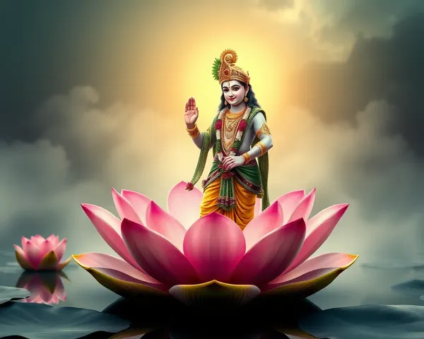 Lord Krishna in Lotus Flower with Serene Atmosphere