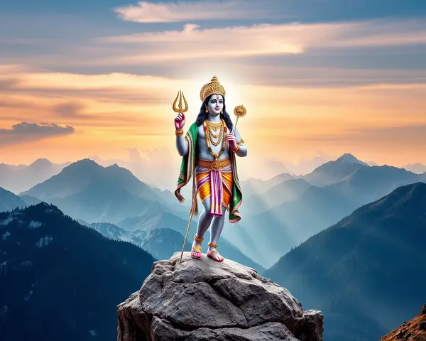 Lord Krishna on Rock with Majestic Mountain Range