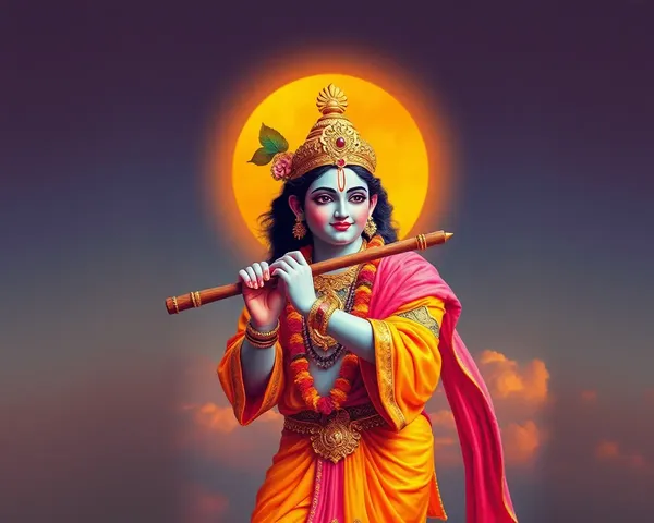 Lord Krishna with Flute and Vibrant Sunset Background