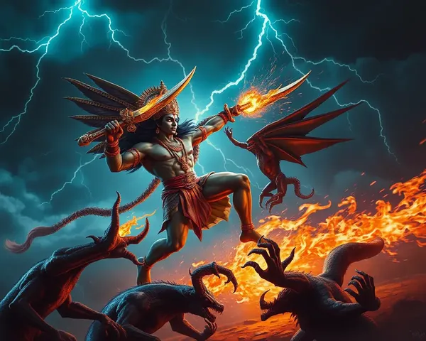 Lord Murugan Battling Demons with Lightning Bolts and Flames