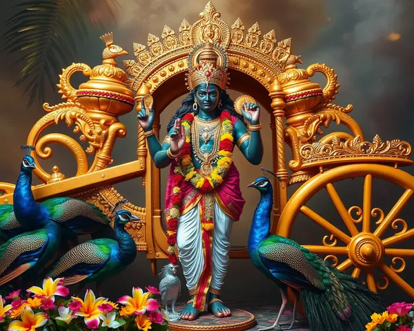 Lord Murugan in Golden Chariot with Peacocks and Flowers