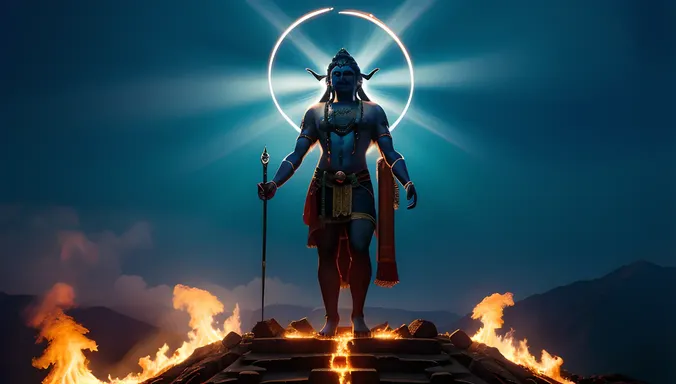Lord Shiva's Powerful Image: Intense Blue Light and Flames
