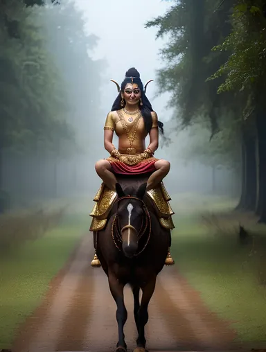 Lord Shiva Riding Peacock with Parvati and Misty Forest