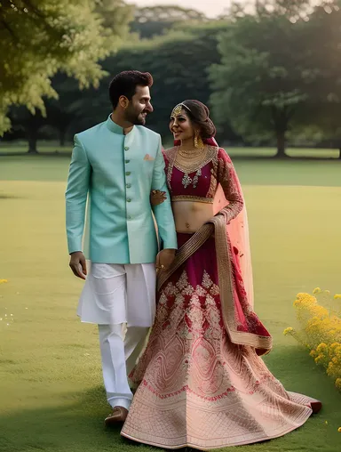 Lovely Dulhan Walking Hand-in-Hand in Lush Green Meadow