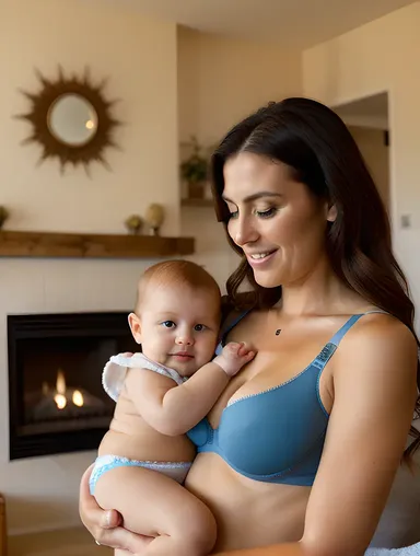 Loving Mother Wearing Nursing Bra with Baby