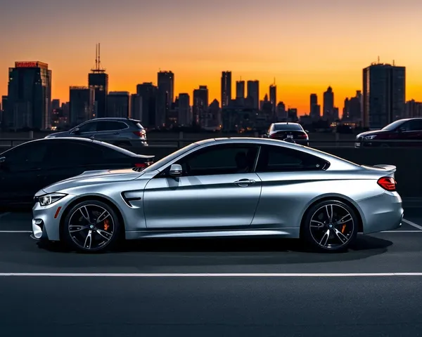 Luxurious BMW M4 Wallpaper: Silver Car in Upscale Parking Lot