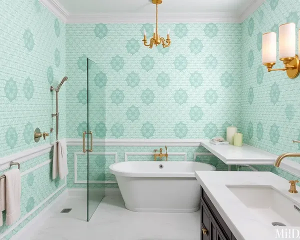 Luxurious Bathroom with Geometric Mint Green Wallpaper