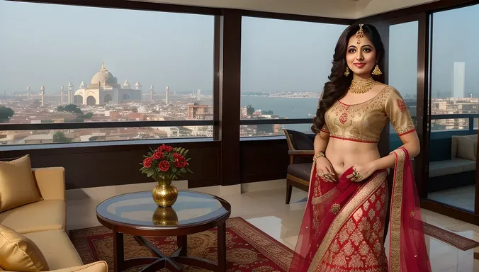 Luxurious Indian Bhabhi in Red Lehenga with City View