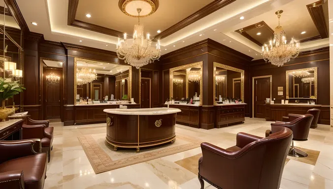 Luxurious Ladies Salon with Plush Couches and Crystal Chandeliers