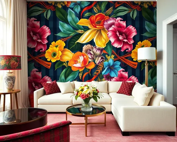 Luxurious Living Room with Bold Burberry Wallpaper Accent