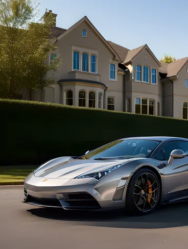 Luxurious Mansion with Sleek Silver Supercar in Front