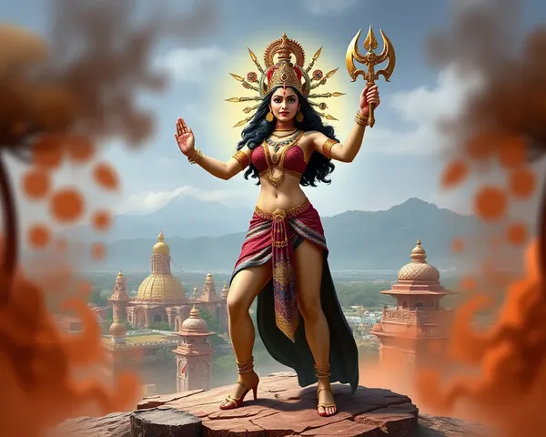 Maa Durga Holding Trishul in Heroic Pose with City Background