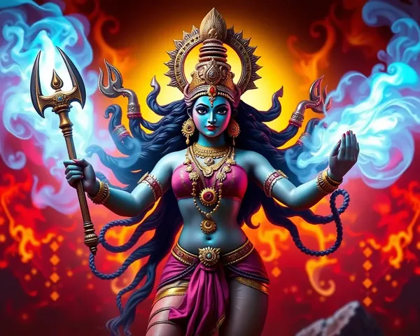 Maa Durga Holding Trishul in Powerful Stance with Fiery Background