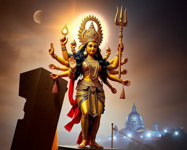 Maa Durga Triumphantly Holding Trishul with Cityscape Background