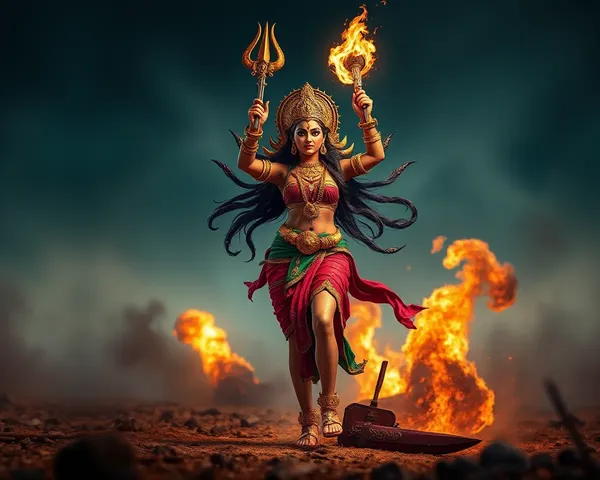 Maa Durga on Battlefield with Trishul and Fiery Explosion