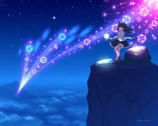 Magical Anime Girl on Cliff with Sparkling Aura and Wand