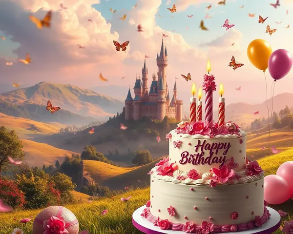 Magical Fantasy World Birthday Background with Castle and Cake