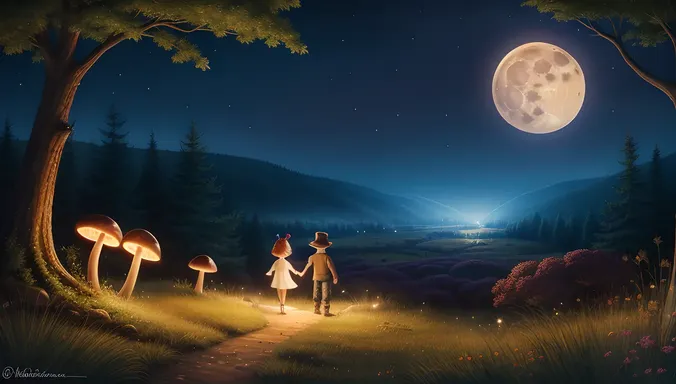 Magical Forest Scene with Girl and Boy's Whimsical Adventure