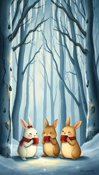 Magical Frosty Forest with Huddled Rabbits and Hot Cocoa