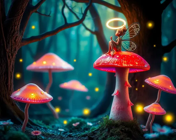 Magical Whimsical Forest with Glowing Mushrooms and Fairy
