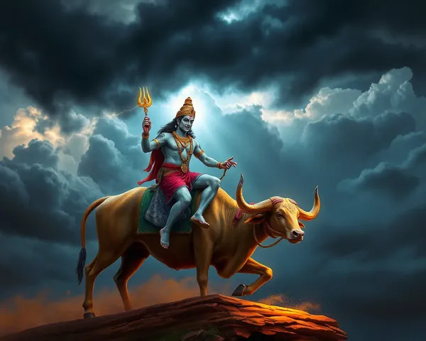 Mahadev Rides Nandi Bull Through Stormy Sky